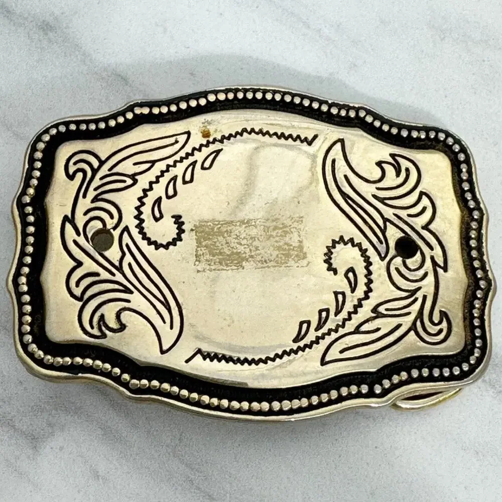 Vintage Western Belt Buckle Gold Tone Black Enamel Scrollwork Bead Dot Border ✨